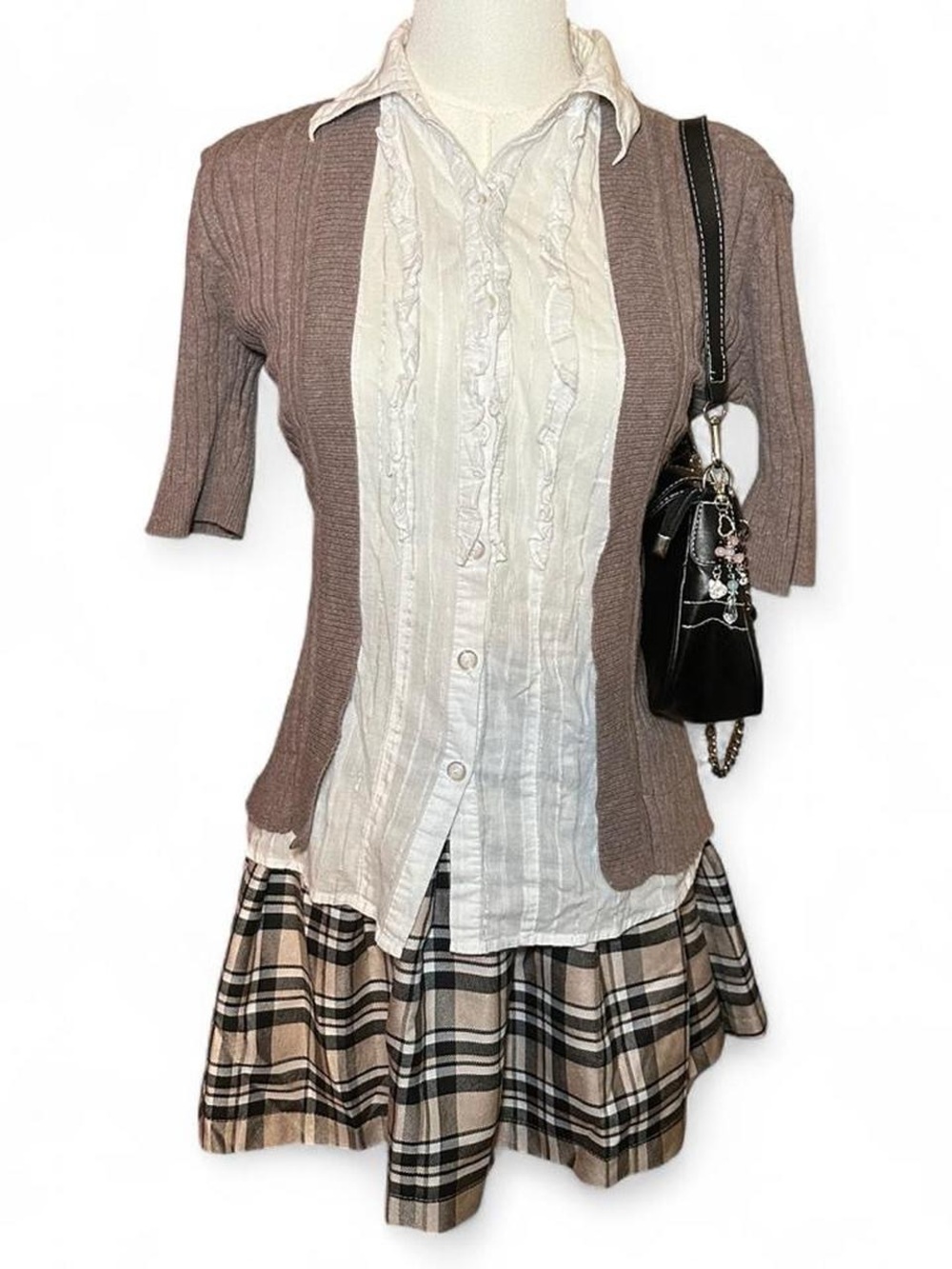 Y2K New York & Company Brown Cardigan + White Blouse Preppy Academia Cottagecore